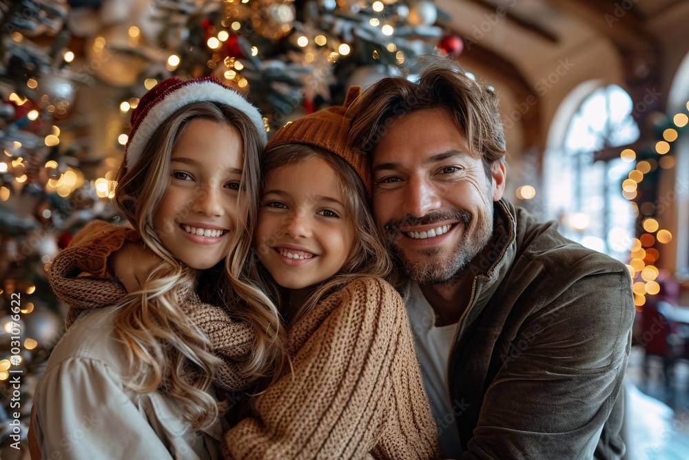 A father smiles joyfully with his two daughters, both wearing cozy winter attire, as they embrace by a festive Christmas tree adorned with lights and ornaments, creating a warm holiday atmosphere. A father smiles joyfully with his two daughters, both wearing cozy winter attire, as they embrace by a festive Christmas tree adorned with lights and ornaments, creating a warm holiday atmosphere.