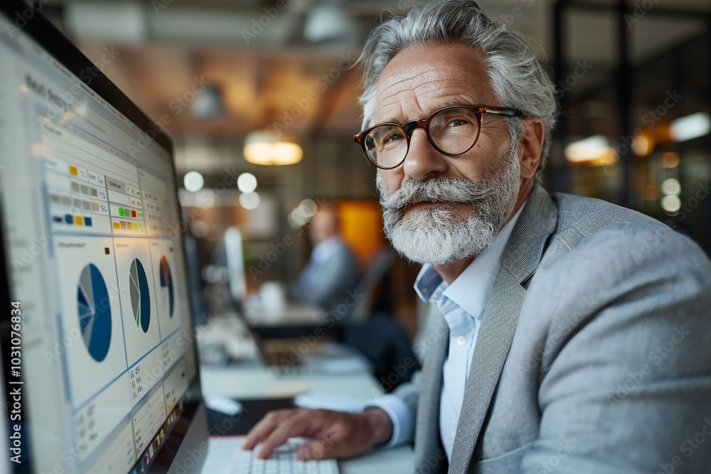 senior financial advisor analyzing a detailed KPI data profits dashboard on a computer in a modern office setting. senior financial advisor analyzing a detailed KPI data profits dashboard on a computer in a modern office setting.