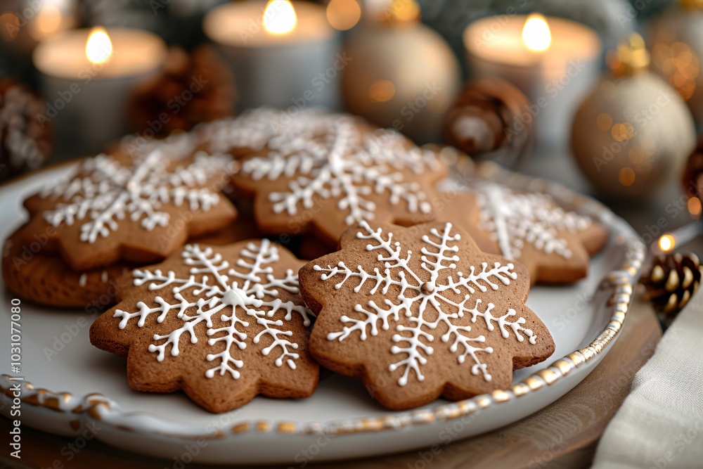 Delicious snowflake-shaped cookies are beautifully decorated with icing, arranged on a plate surrounded by glowing candles and festive ornaments, creating a warm holiday atmosphere. Delicious snowflake-shaped cookies are beautifully decorated with icing, arranged on a plate surrounded by glowing candles and festive ornaments, creating a warm holiday atmosphere.
