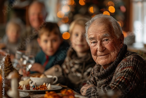 A cheerful family enjoys festive dishes around a beautifully set dining table. An elderly man smiles warmly, surrounded by children and loved ones during a winter celebration.