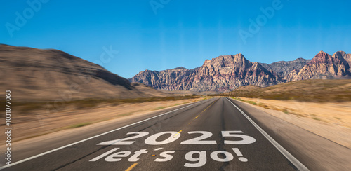 New year 2025 or start straight and beginning concept. Man ride on bike and the number 2025 start written on the road at sunset with lens flare. Concept of challenge or career path, business strategy.