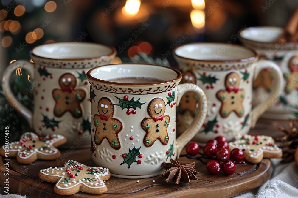 Three beautifully decorated mugs sit filled with steaming tea alongside gingerbread cookies, all set against a cozy, festive background with holiday decorations and a softly glowing fireplace. Three beautifully decorated mugs sit filled with steaming tea alongside gingerbread cookies, all set against a cozy, festive background with holiday decorations and a softly glowing fireplace.