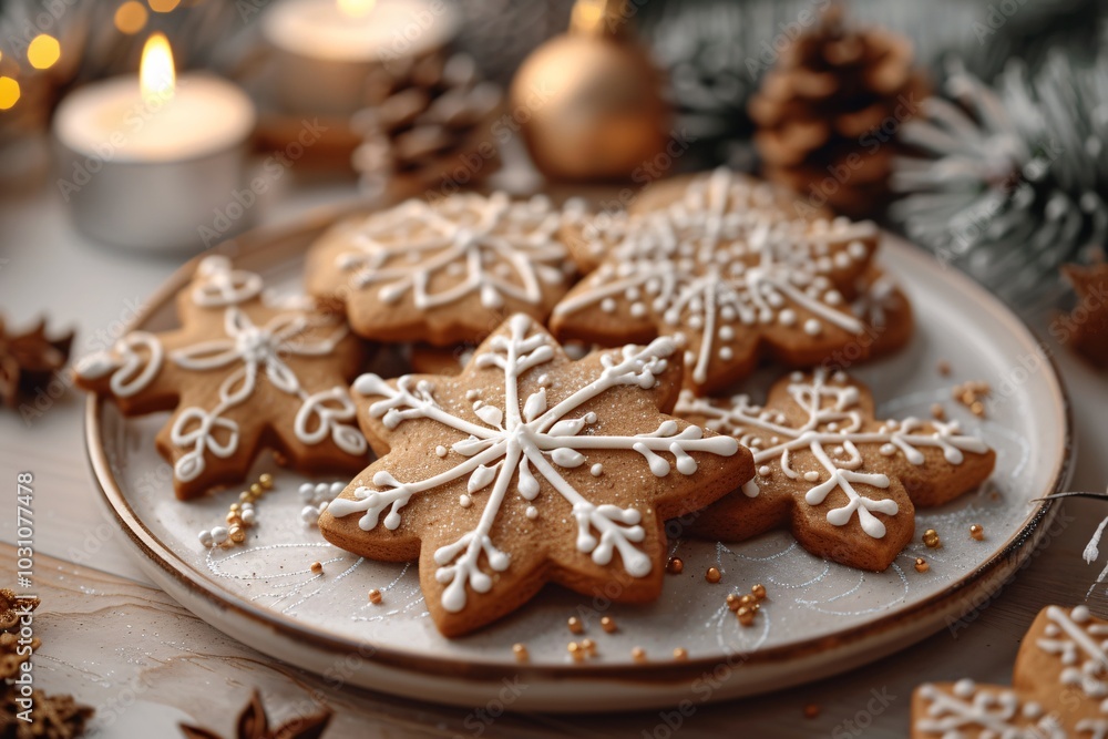 A plate of beautifully decorated snowflake-shaped cookies adorned with white icing sits on a festive table. Surrounding the cookies are candles and pinecones, creating a warm holiday atmosphere. A plate of beautifully decorated snowflake-shaped cookies adorned with white icing sits on a festive table. Surrounding the cookies are candles and pinecones, creating a warm holiday atmosphere.