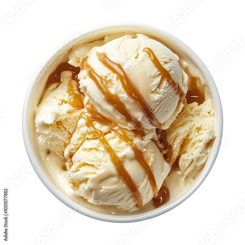 Top-View Ice Cream Bowl with Caramel Drizzle Isolated on Transparent Background – Great for Product Banners, Marketing Materials, and Social Media Graphics Featuring Gourmet Treats.
