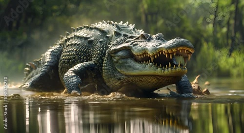 A menacing crocodile bursts out of the water with a fierce snarl.