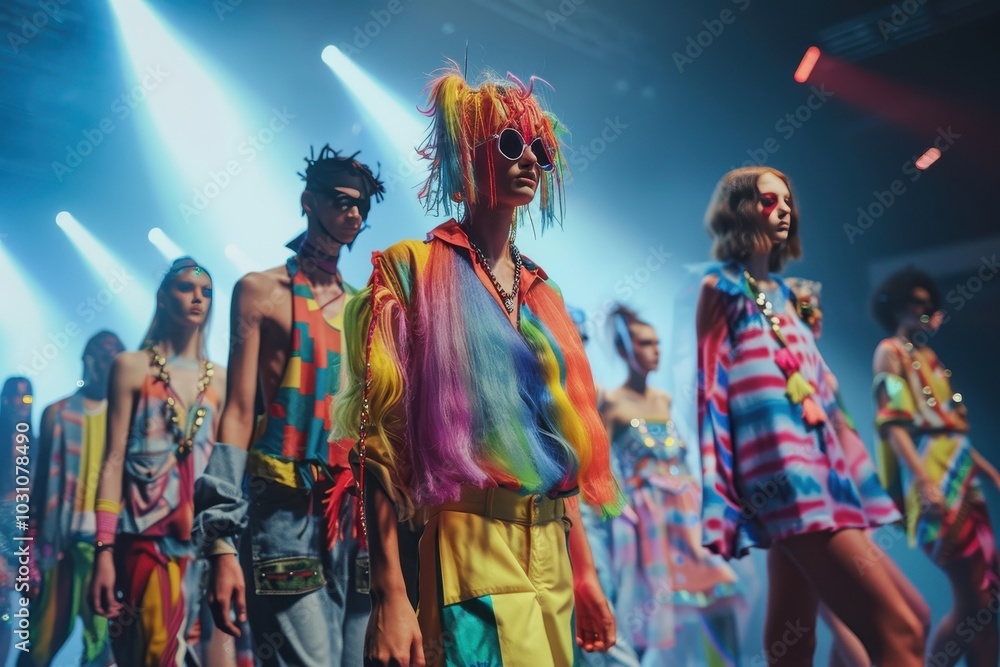Fototapeta premium Fashion models wearing vibrant, artistic clothing during a runway show at a contemporary event in a bustling city, showcasing diverse styles and creative expressions amidst an urban backdrop