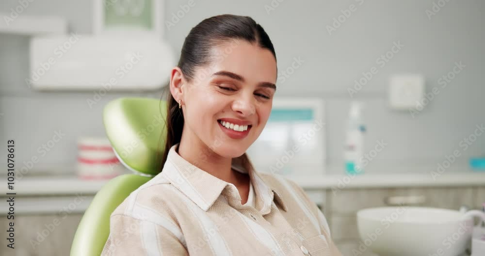 Woman, face and happy at dentist with oral hygiene for teeth whitening consultation or healthcare checkup. Dental care, portrait and laughing for cavity extraction, root canal examination and service Woman, face and happy at dentist with oral hygiene for teeth whitening consultation or healthcare checkup. Dental care, portrait and laughing for cavity extraction, root canal examination and service
