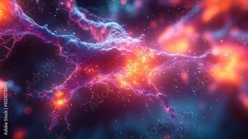 Abstract illustration of a neuron with glowing orange and blue light.