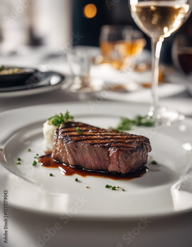 A perfectly grilled steak is presented on a white plate in a luxury restaurant with a bright background.






 photo