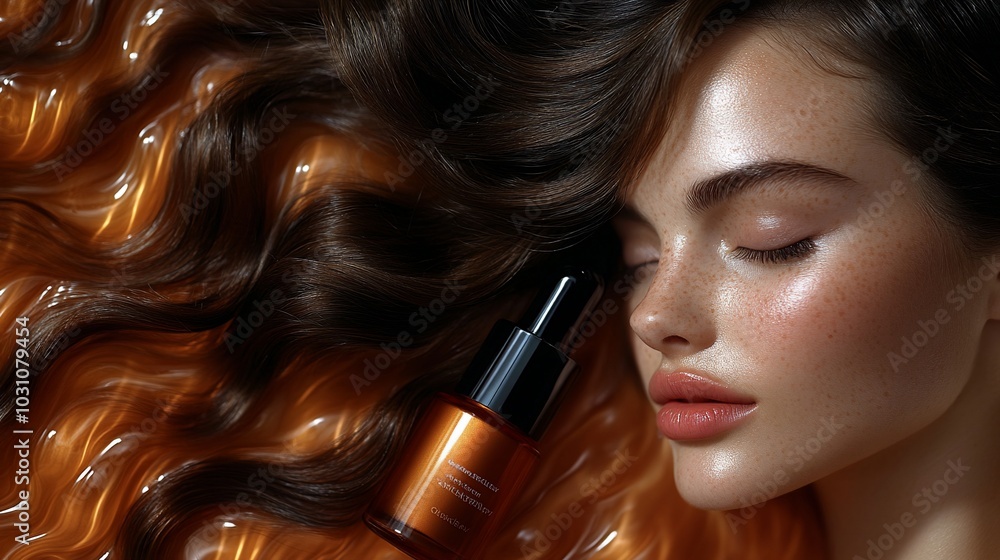 Fototapeta premium A young woman with long, wavy hair lies on a shimmering gold surface, her eyes closed, with a bottle of serum beside her.