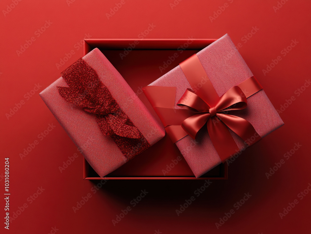 Blank white gift box open or top view of white present box tied with ...