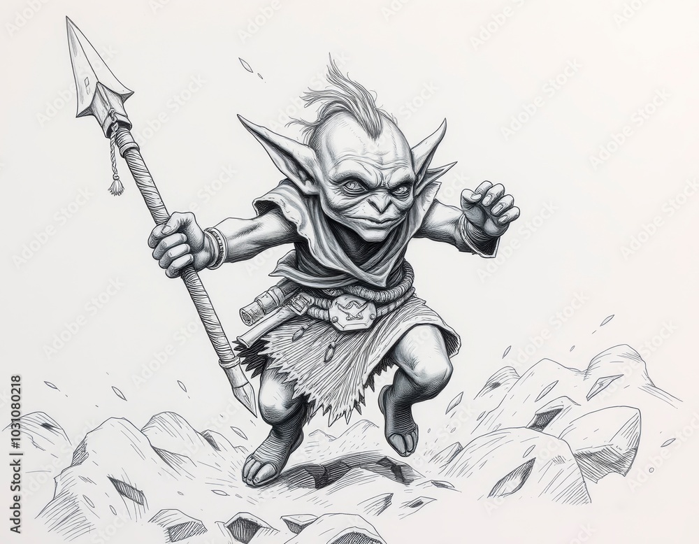 Fototapeta premium Fierce goblin warrior charging with spear against rocky landscape