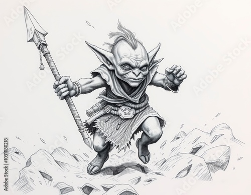 Fierce goblin warrior charging with spear against rocky landscape