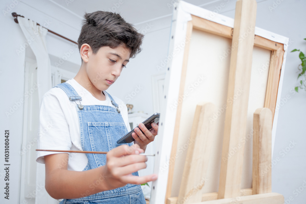 A boy is painting a picture while looking a cell phone A boy is painting a picture while looking a cell phone