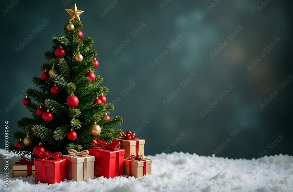 Christmas background with tree, belt and gifts, New Year, decoration, AI art Christmas background with tree, belt and gifts, New Year, decoration, AI art