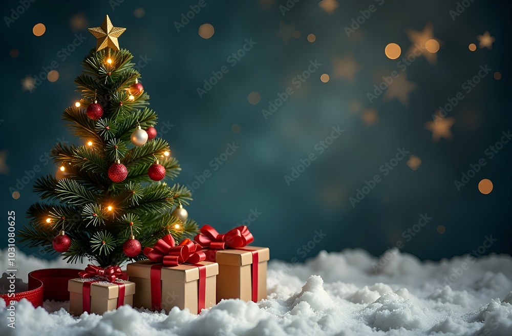 Christmas background with tree, belt and gifts, New Year, decoration, AI art Christmas background with tree, belt and gifts, New Year, decoration, AI art