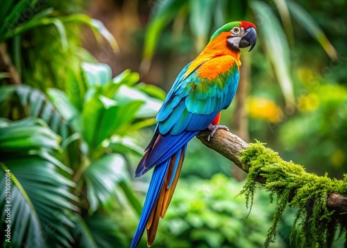 Vibrant Teal Parrot Perched on Branch Against Lush Green Background, Showcasing Nature's Beauty and Exotic Wildlife