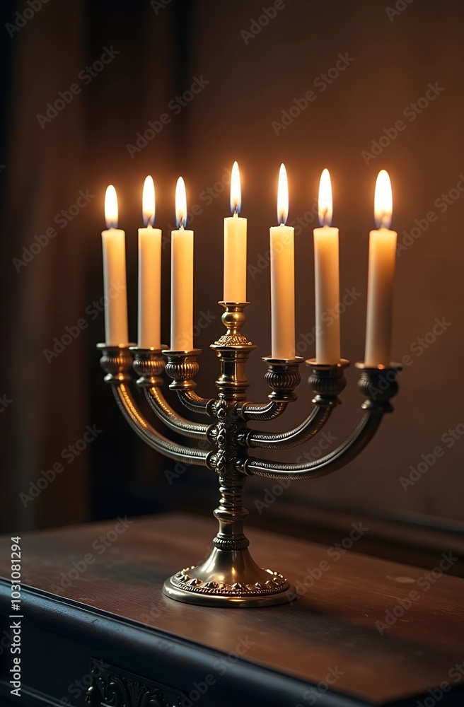 Lit menorah on wooden table. Lit menorah on wooden table.