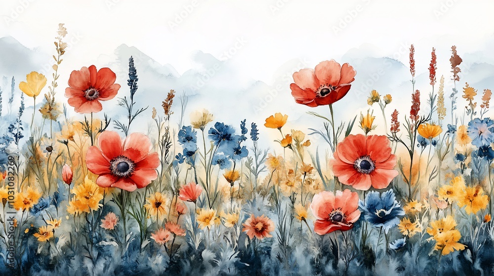 Obraz premium Watercolor painting of a field of wildflowers in front of a mountain range.