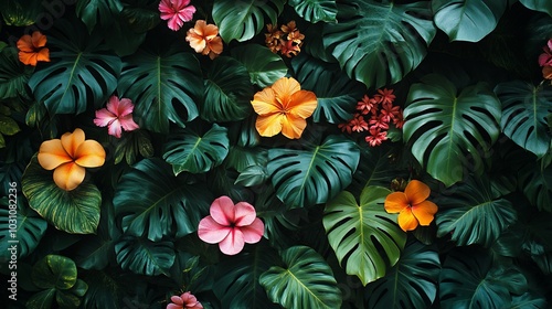 A vibrant tropical foliage background featuring lush green leaves, vibrant orange, pink, and red flowers.