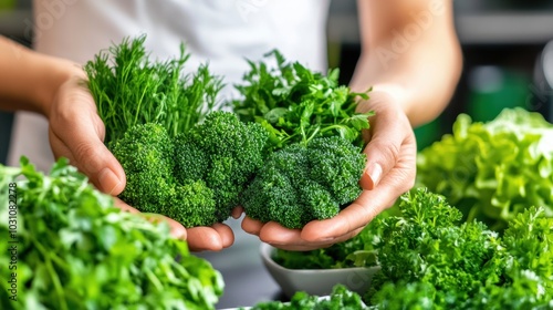 Fresh greens and broccoli held in hands, showcasing vibrant, healthy produce, AI