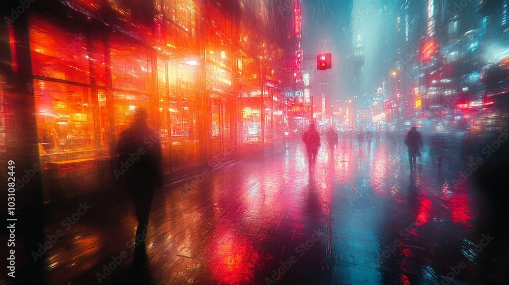 People walking in a city street at night with blurry lights and reflections in the rain.