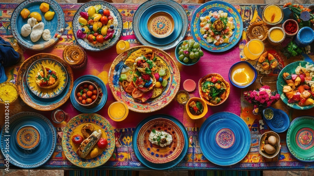 A colorful table set with a variety of dishes, including salads, fruits, and baked goods. A colorful table set with a variety of dishes, including salads, fruits, and baked goods.