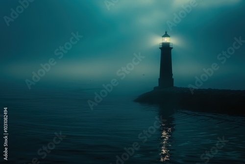 A solitary lighthouse stands tall amidst thick fog on a calm evening, casting its guiding light over the tranquil waters of the bay