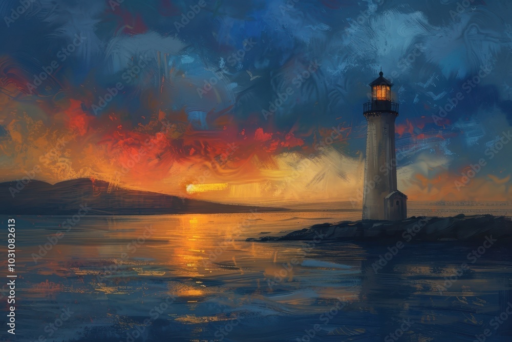 A solitary lighthouse stands tall amidst thick fog on a calm evening, casting its guiding light over the tranquil waters of the bay A solitary lighthouse stands tall amidst thick fog on a calm evening, casting its guiding light over the tranquil waters of the bay