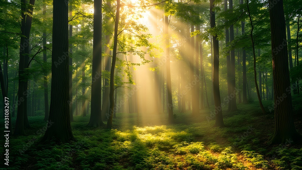 Obraz premium Serene Forest with Light Streaming Through Trees