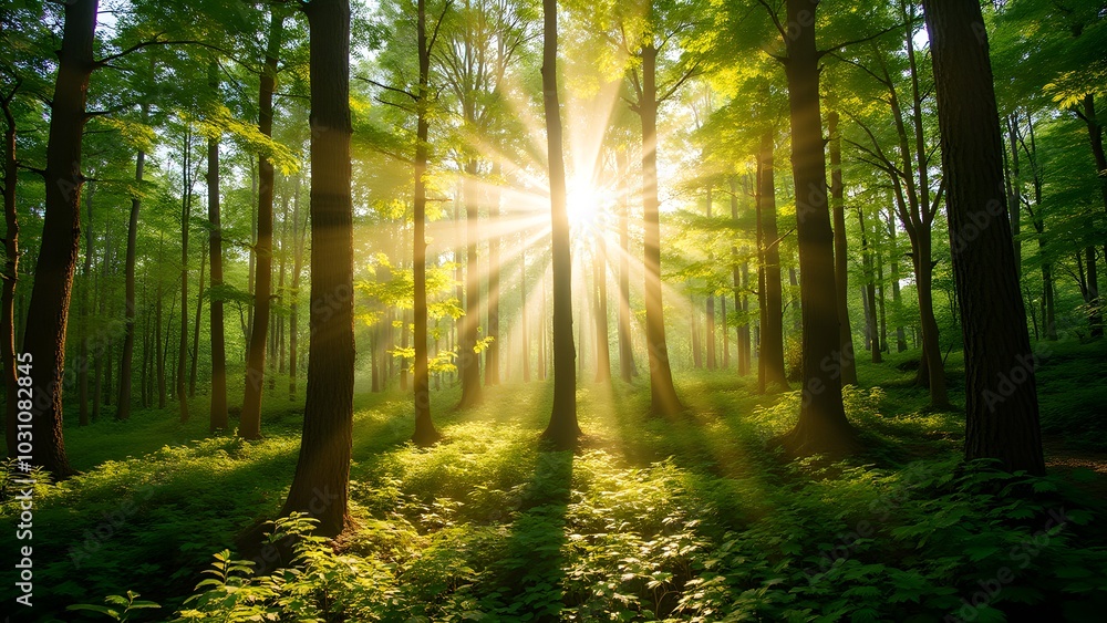 Obraz premium Sunlight Streaming Through a Lush Green Forest