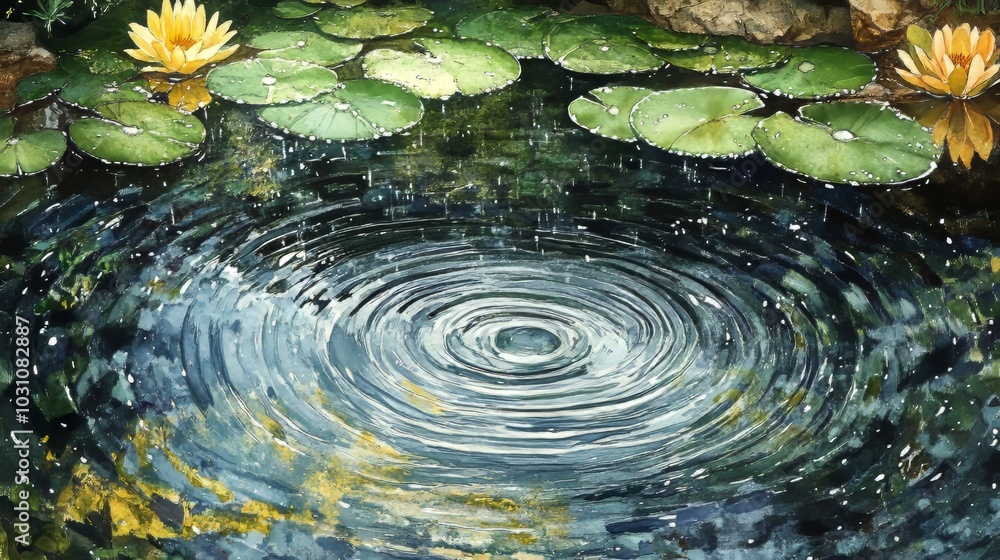 Artistic interpretation of raindrops falling into a still pond, creating ripples. Artistic interpretation of raindrops falling into a still pond, creating ripples.