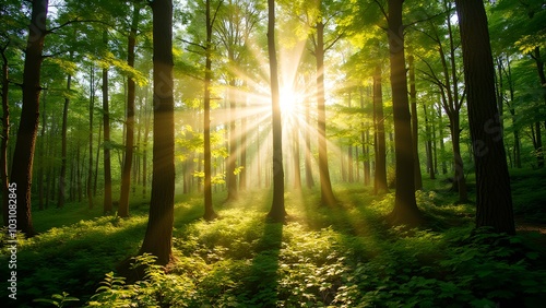 Wallpaper Mural Sunlight Streaming Through a Lush Green Forest Torontodigital.ca