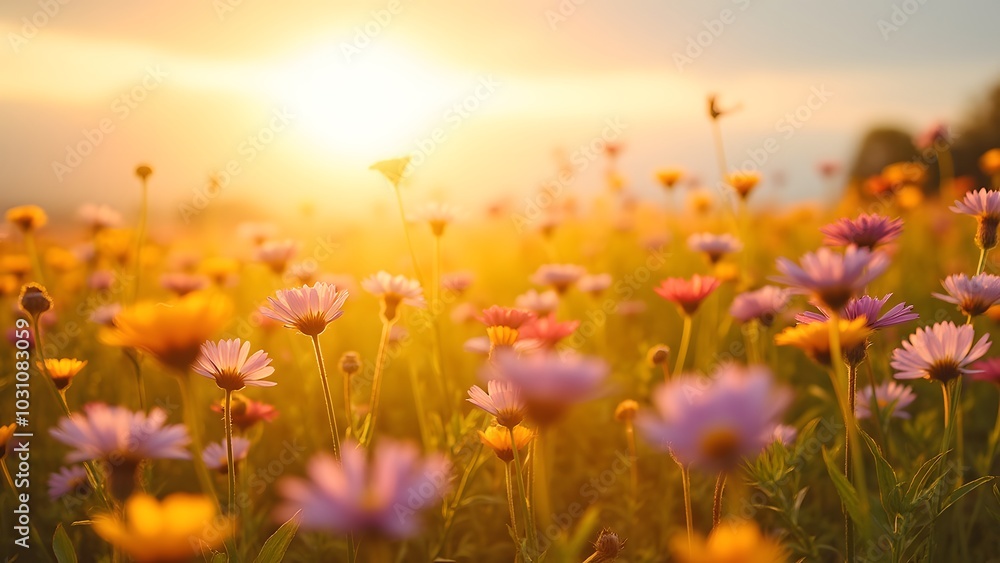 Fototapeta premium Vibrant Wildflower Field at Sunset Glow