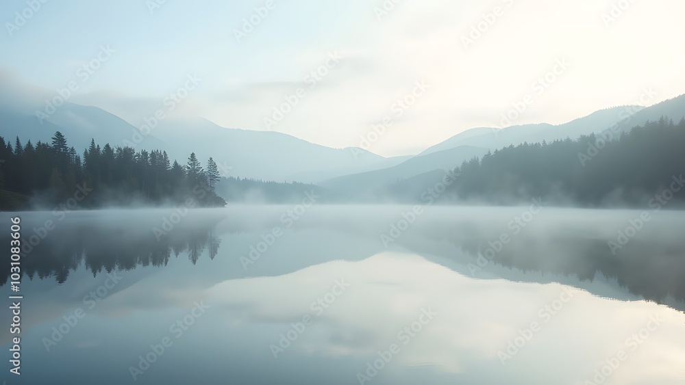 Serene Water Reflection in Misty Landscape Serene Water Reflection in Misty Landscape