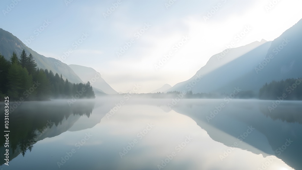 Serene Lake Reflection in Misty Mountain Landscape Serene Lake Reflection in Misty Mountain Landscape