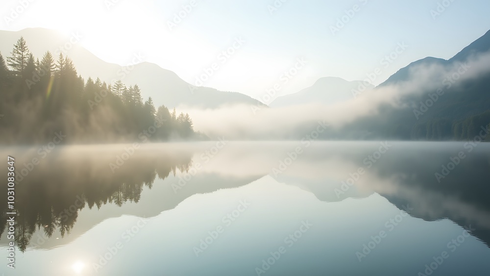 Serene Water Reflection in a Misty Mountain Landscape Serene Water Reflection in a Misty Mountain Landscape