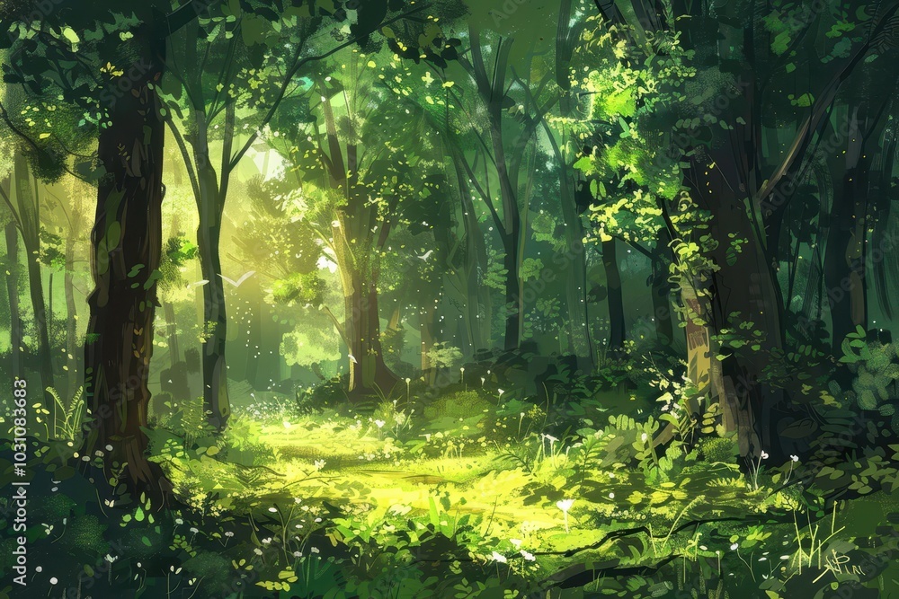 A sunlit forest glade showcasing vibrant greenery and a tranquil atmosphere during early morning in a lush woodland A sunlit forest glade showcasing vibrant greenery and a tranquil atmosphere during early morning in a lush woodland