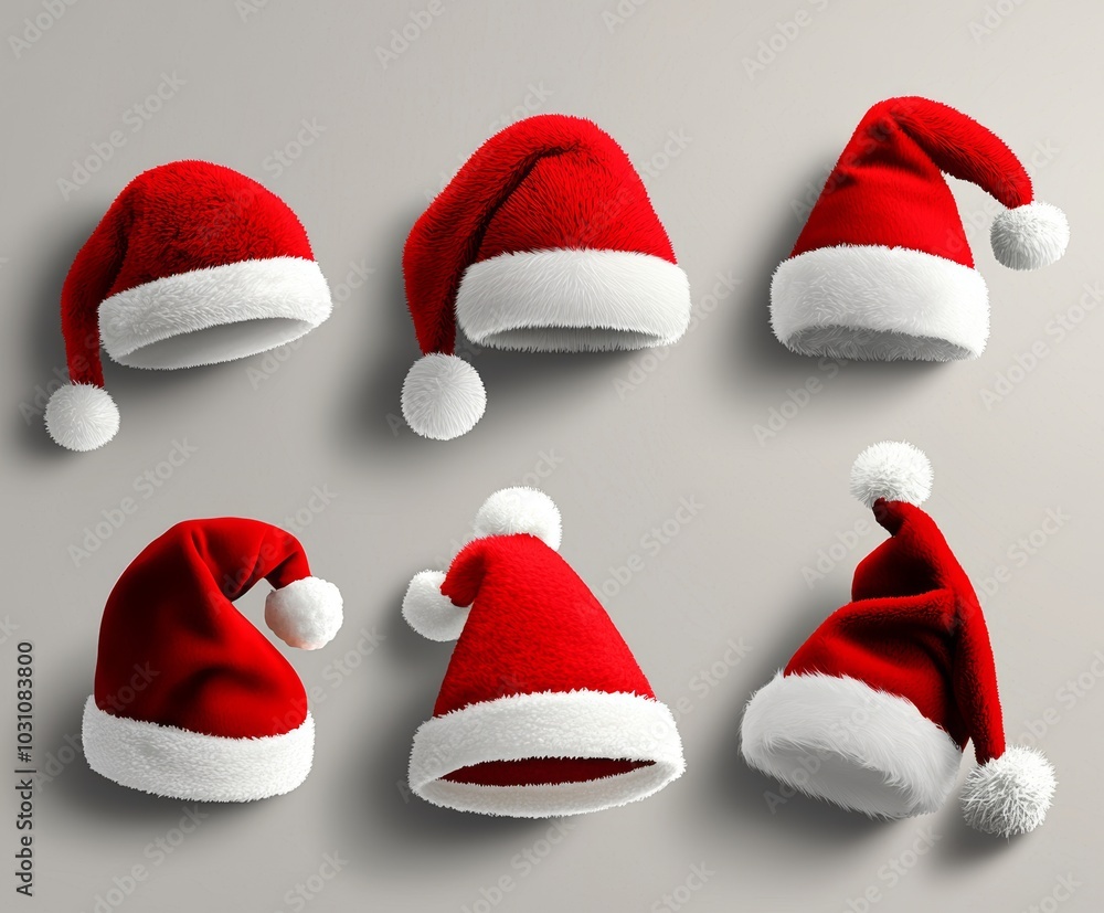 Isolated set of Red Santa Claus Hats on transparent background. Modern Realistic Illustration. Set of Red Santa Claus Hats isolated on transparent background. Isolated set of Red Santa Claus Hats on transparent background. Modern Realistic Illustration. Set of Red Santa Claus Hats isolated on transparent background.