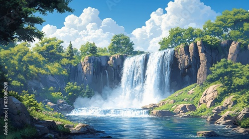 A picturesque waterfall cascades down a rocky cliff face, surrounded by lush greenery and a blue sky with fluffy white clouds.