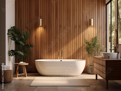 Modern minimalist bathroom with wooden pannels. Wood panneling in bathroom. Bathroom wainscotting. 