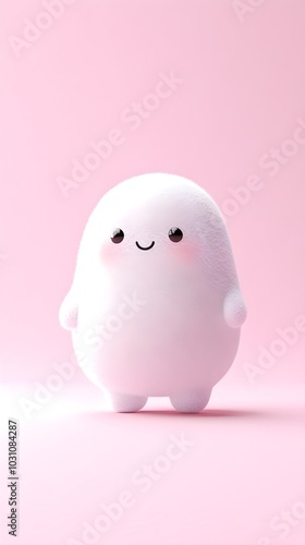 A cute white cartoon character with a big smile, standing against a pink background.