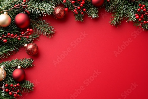 A flat lay of fir branches with decorated Christmas trees on a red background. You can add any text you like.