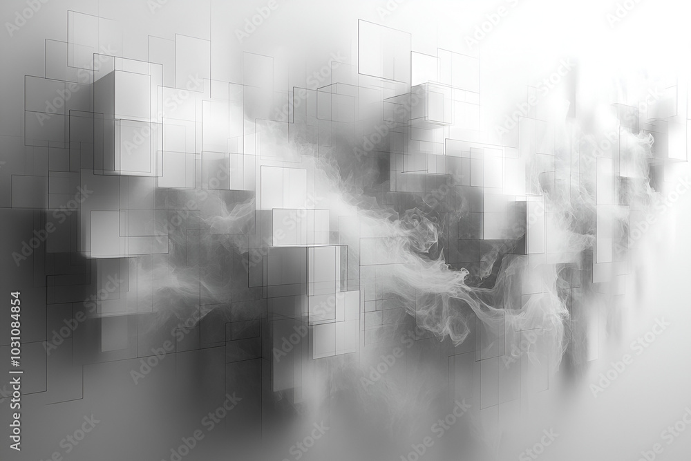 Fototapeta premium An abstract, monochromatic composition featuring blurred geometric shapes and ethereal mist, creating a sense of depth and movement.