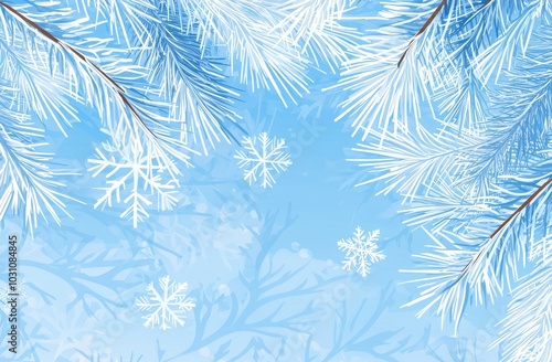 Pine branches with snowflakes. Winter card design for the holidays.