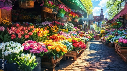 A vibrant flower market with colorful blooms on display in wooden crates.