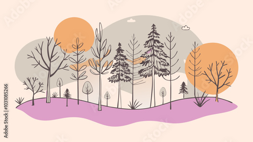 A forest landscape with grass and numerous trees, depicted in a nature-inspired vector illustration.