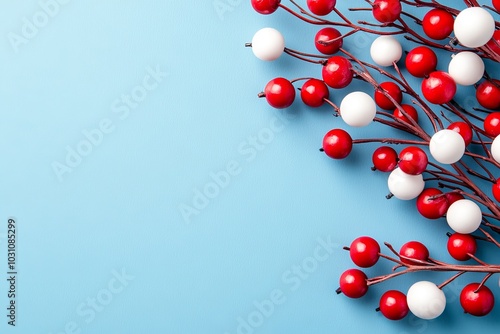 A Christmas or winter composition with snowflakes and red berries on a blue background. Represents Christmas, winter, or a new year. Flat lay, top view, copy space included.