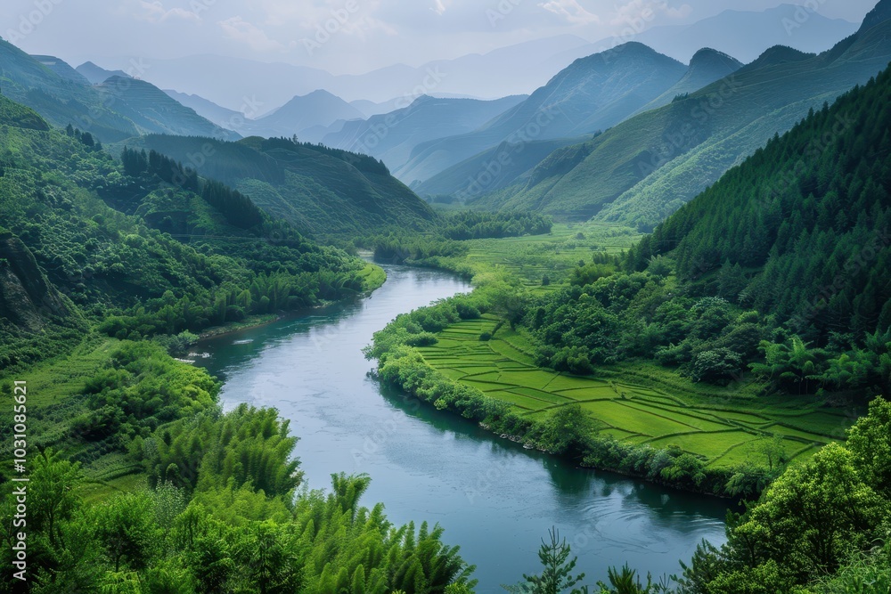 Lush green landscape with winding river amidst rolling hills under soft sunlight during early morning hours Lush green landscape with winding river amidst rolling hills under soft sunlight during early morning hours