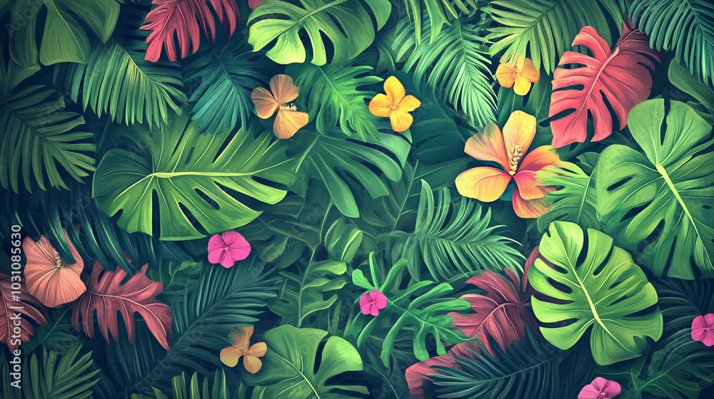 A vibrant arrangement of tropical leaves and flowers, evoking a lush, natural atmosphere. A vibrant arrangement of tropical leaves and flowers, evoking a lush, natural atmosphere.
